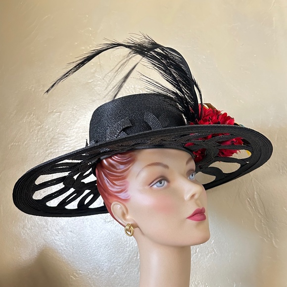 COLORFUL BLACK STRAW VINTAGE HAT + OPEN BRIM DESIGN + FABRIC FLOWERS & BUTTERFLY main image 4